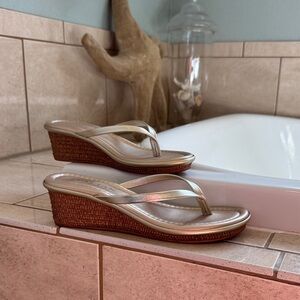Metallic Gold Wedge Thong Sandals - Women